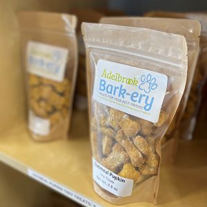 Close up photo of Oatmeal Pumpkin dog treats from Adelbrook Bark-ery