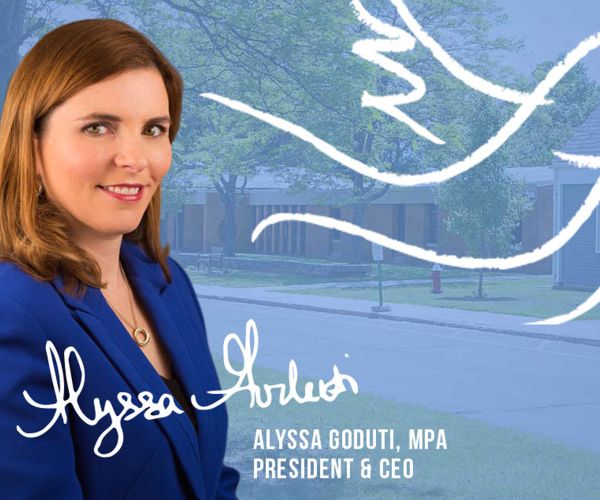 Portrait of Alyssa Goduti with her signature and title as President & CEO in front a blue tinted backgroup with the Adelbrook logo