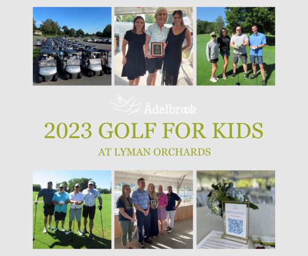 A few images of people smiling on a golf course outside and the scenary around the golf course with text that says "2023 Golf For Kids Lyman Orchards"