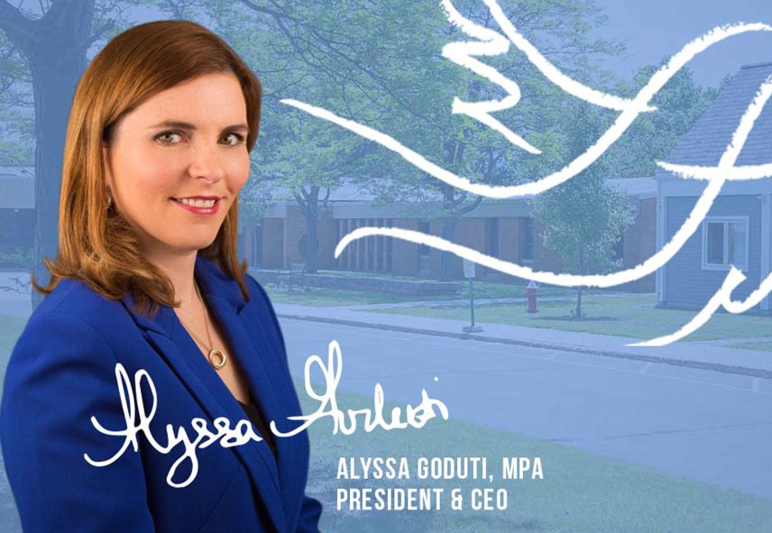 Portrait of Alyssa Goduti with her signature and title as President & CEO in front a blue tinted backgroup with the Adelbrook logo