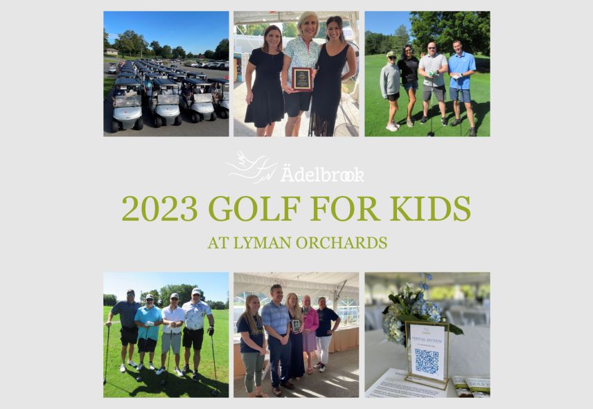 A few images of people smiling on a golf course outside and the scenary around the golf course with text that says "2023 Golf For Kids Lyman Orchards"