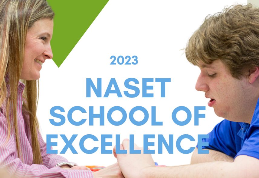 Image of a woman and boy sitting across from each other with overlayed words "2023 NASET School of Excellence"