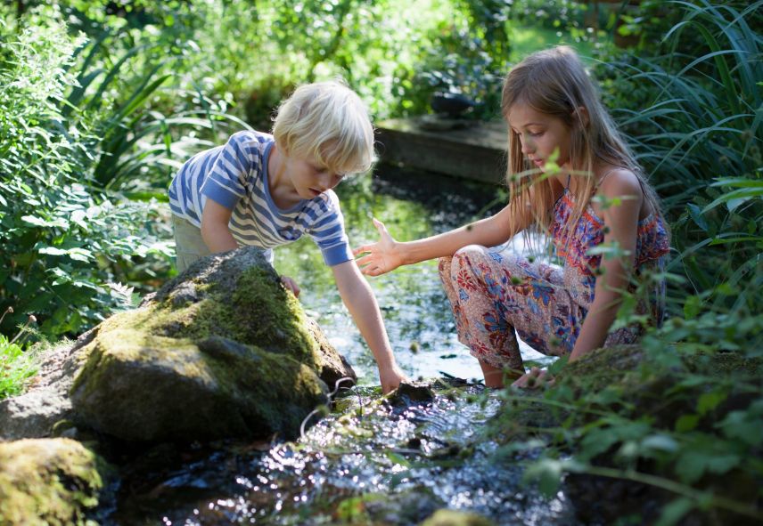 A young boy and girl playing outside in a creek